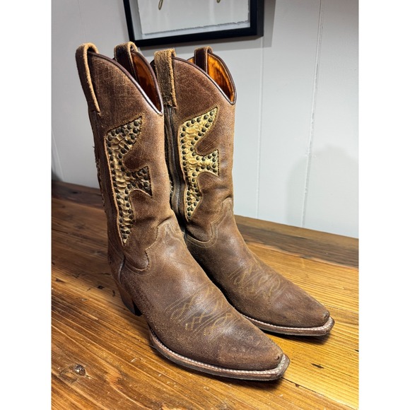 Frye Daisy Duke Western Boots Women's 9M Brown Leather Python Studded Vintage - Picture 4 of 16